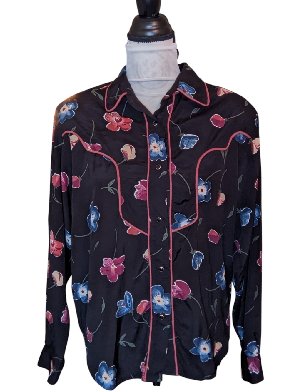 Vtg ROPER Women's Cowgirl Snap Western Shirt Black Floral Soft Sz M